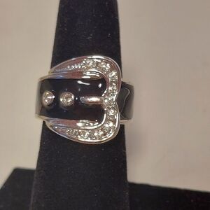 VTG Camille Lucie Buckle Ring Signed Black & Silver Tone Estate Jewelry Sz 6